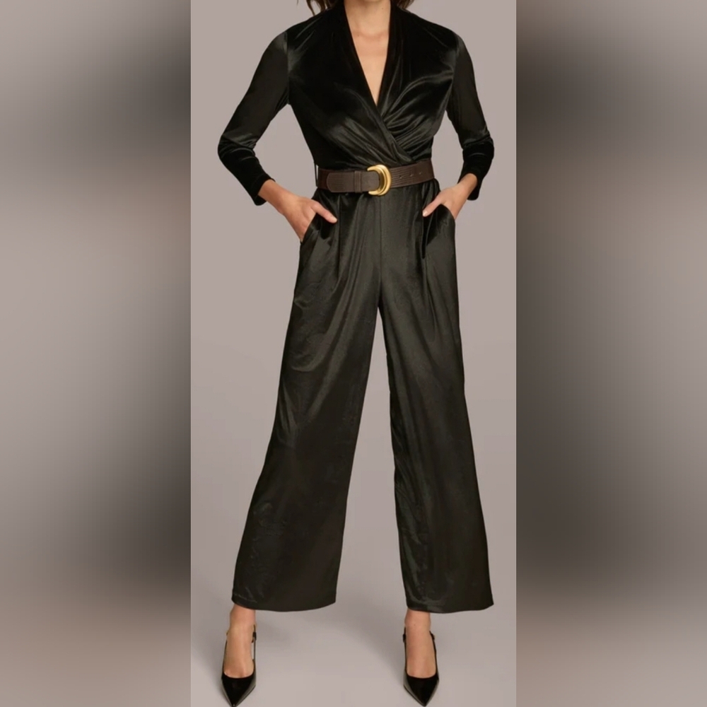 NWT Donna Karan Velvet V-neck Jumpsuit: Black W/Black Belt: Size- 14